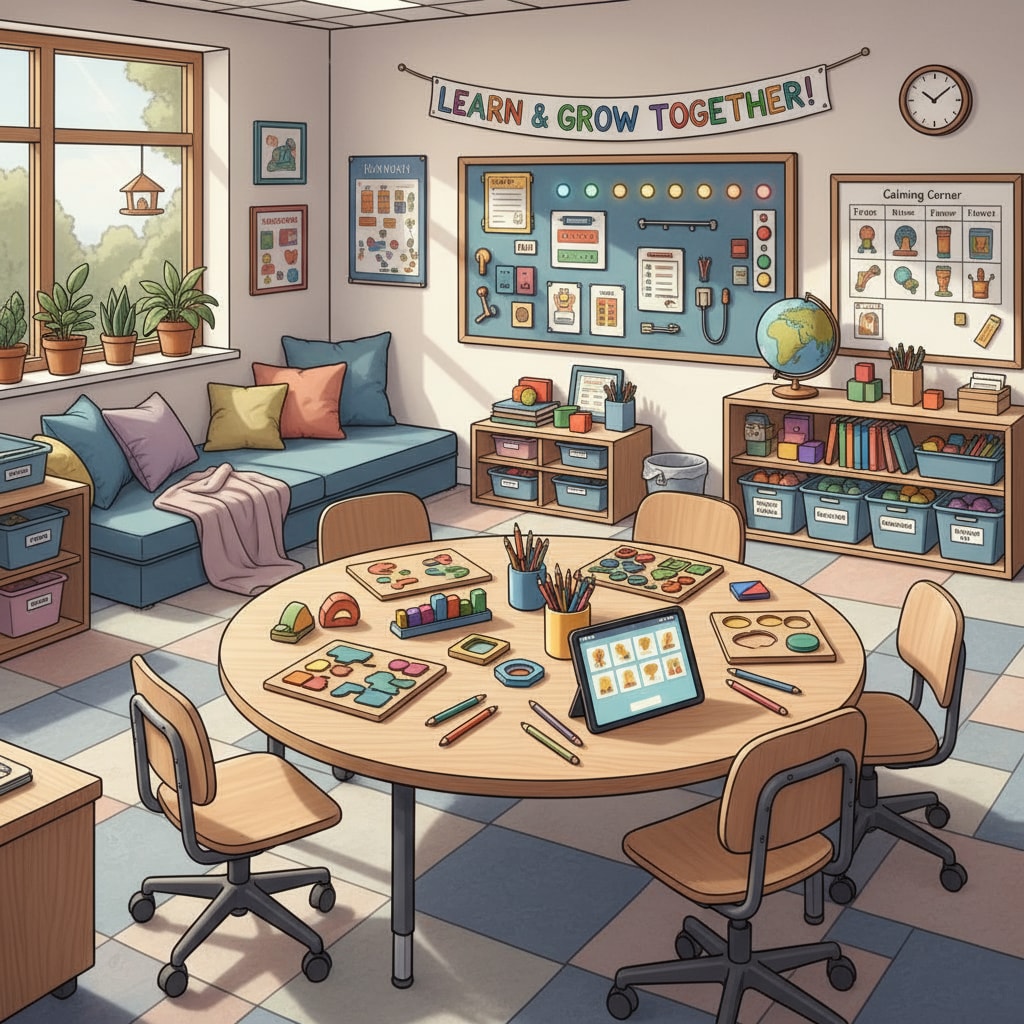 Special education classroom with teaching aids, representing the current state of special education