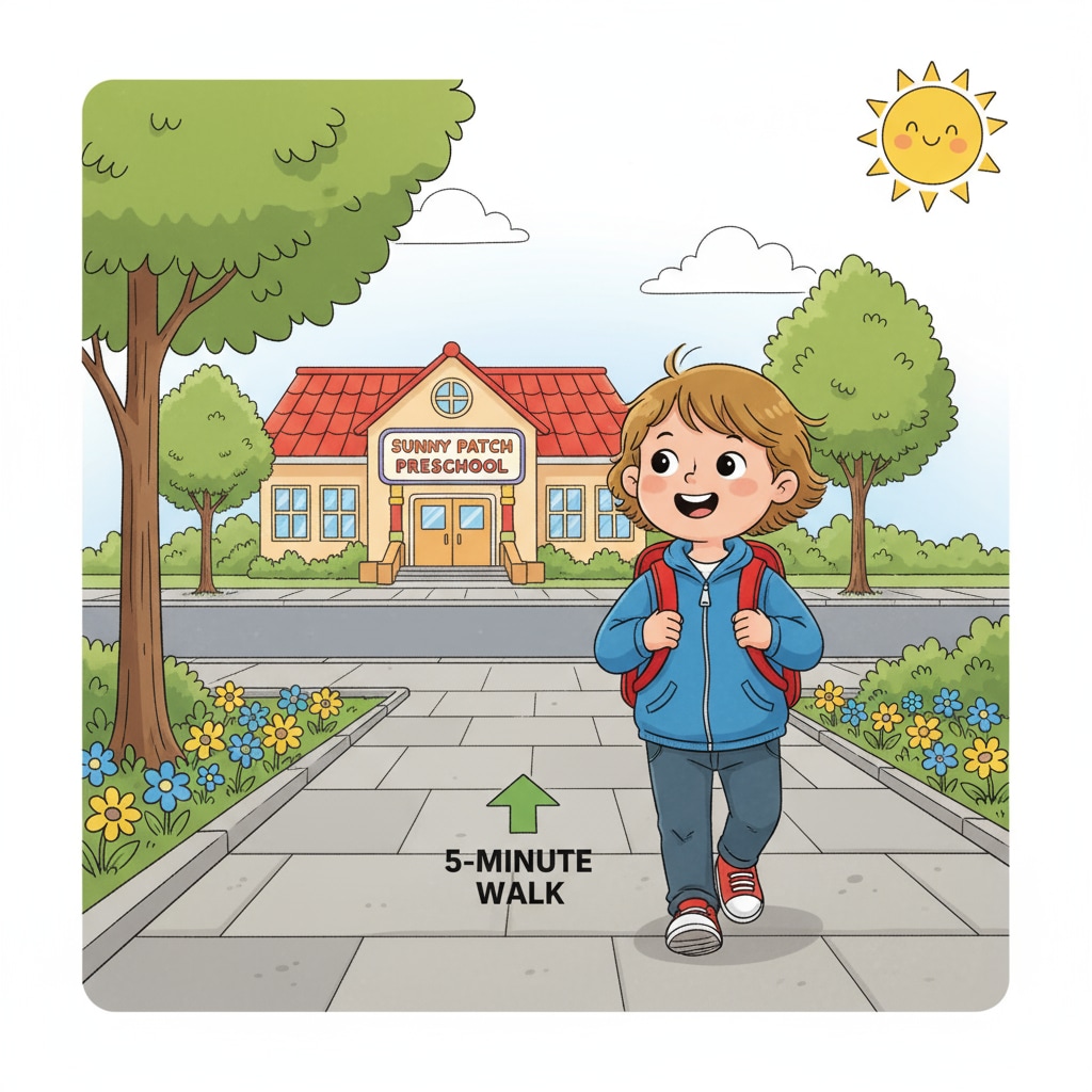 A child walking to a nearby kindergarten, highlighting commute convenience in private school selection.