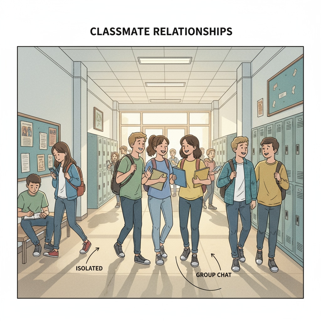 A scene of different classmate relationships in the school corridor related to school bullying, classmate relationships, and interpersonal coldness