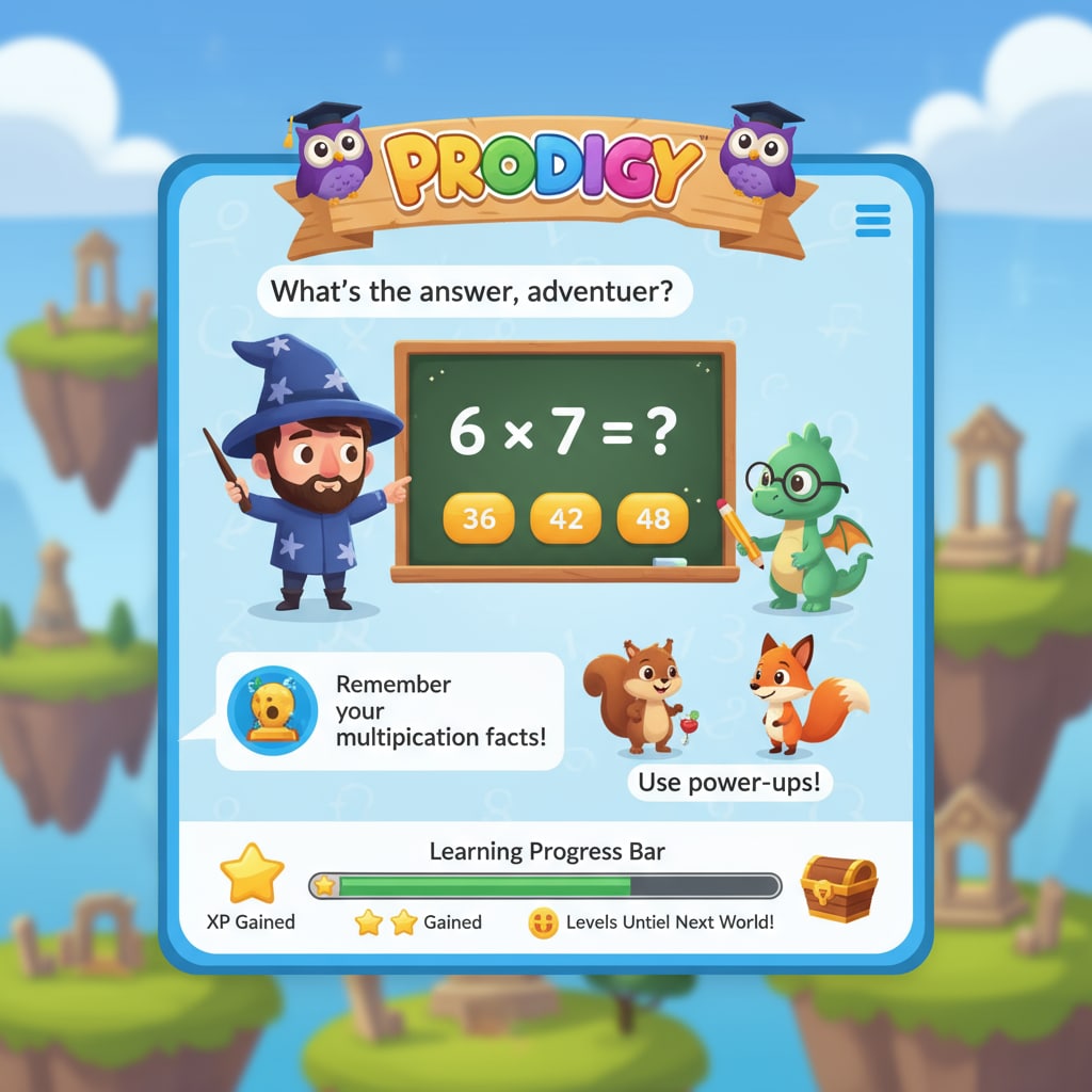 Prodigy game interface with math problems and characters, demonstrating the educational nature compared to regular games like Mario.
