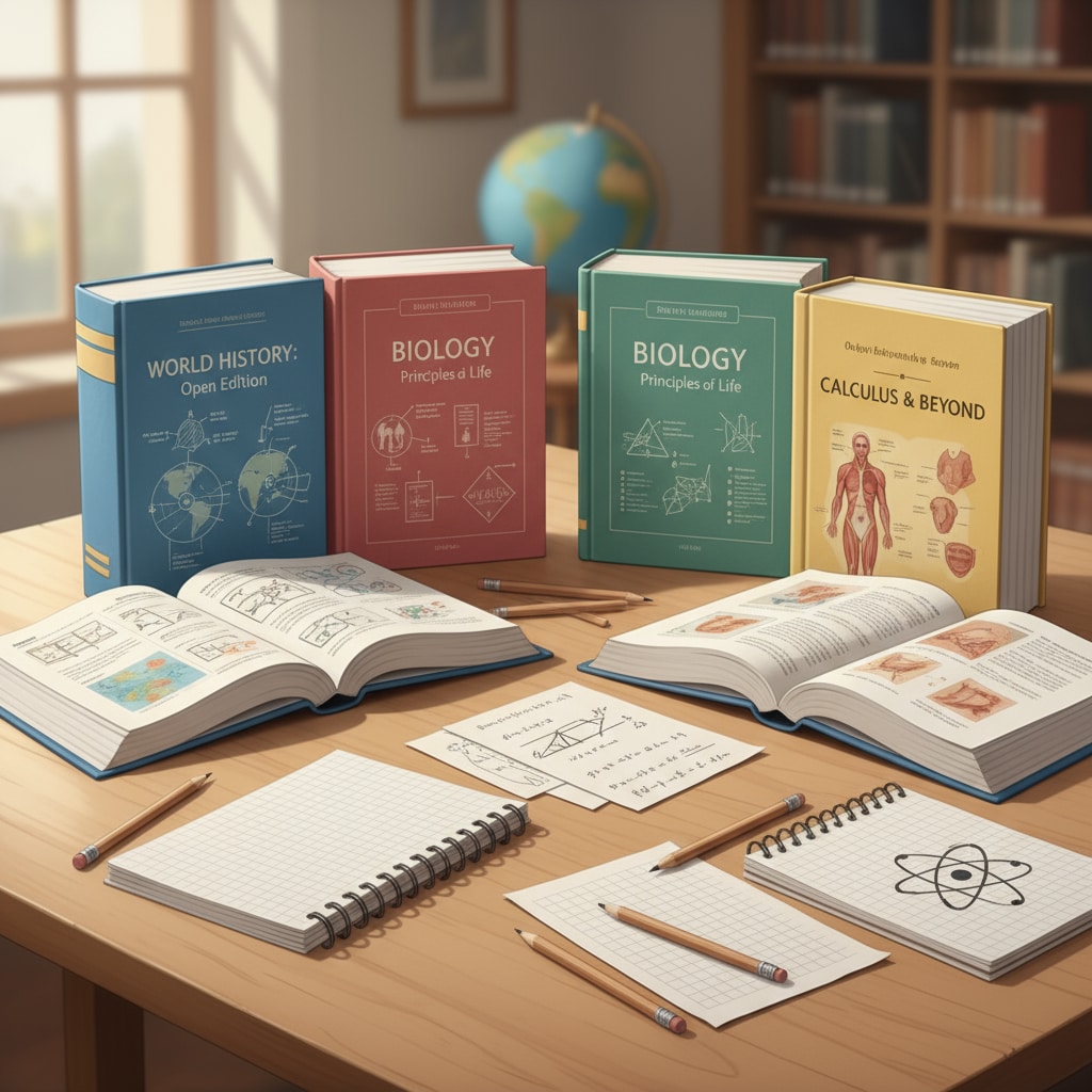 A group of open educational textbooks on a wooden table, with pencils and notebooks beside them, representing the exploration of education knowledge Educational textbooks for exploration in K12 education