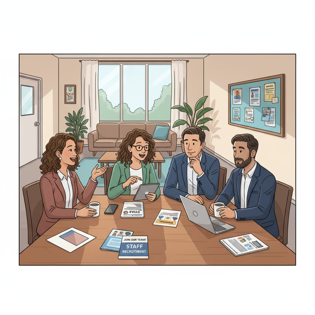 A group of educators are having a friendly discussion around a table in a school lounge during the recruitment process. This depicts the informal meeting scenario in a K12 school setting. Informal meeting during K12 education recruitment for theater technical director and school district employment