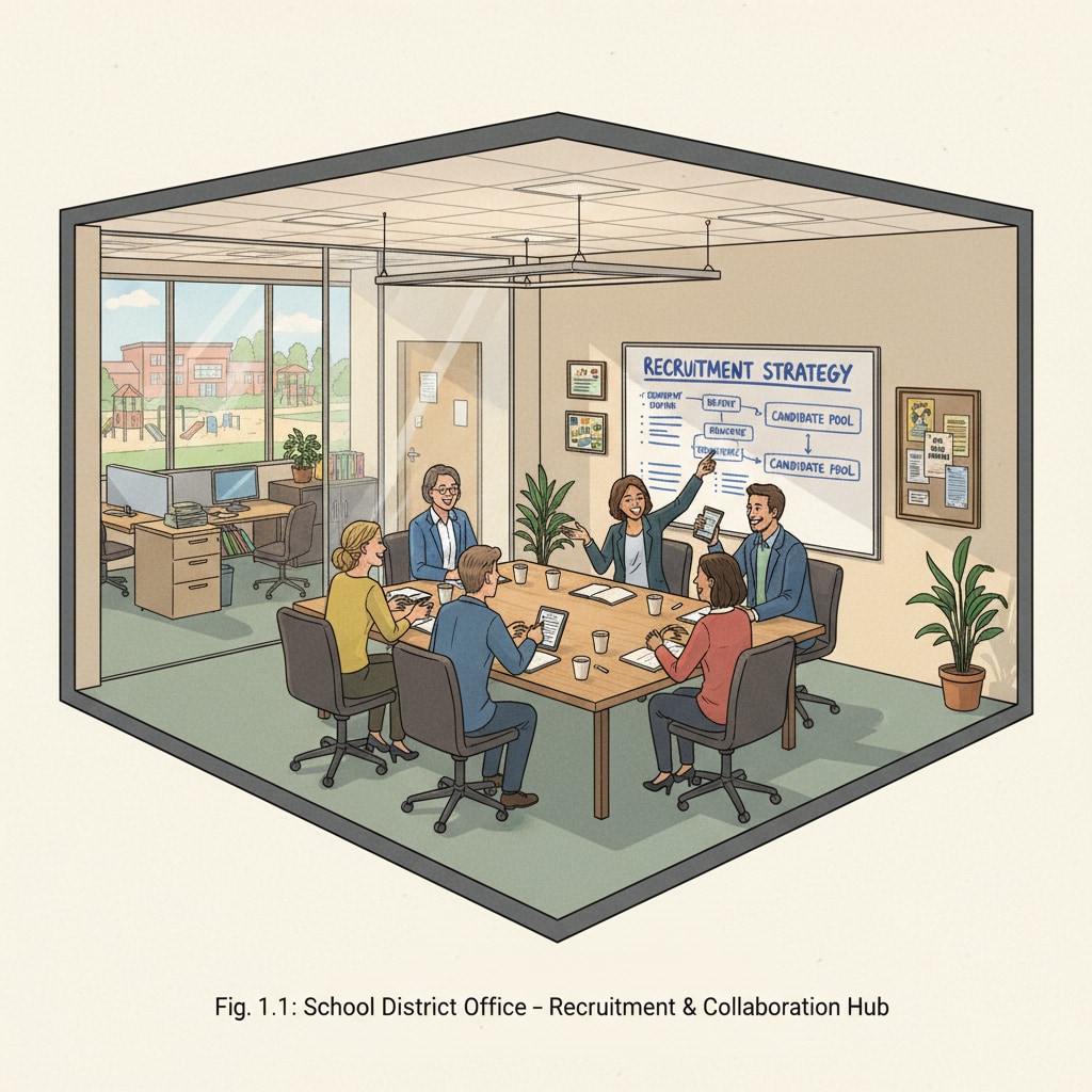 A view of a school district office with people sitting around, having discussions related to recruitment. This shows the environment where recruitment decisions and informal meetings occur. School district office during the recruitment process for theater technical director and school district employment