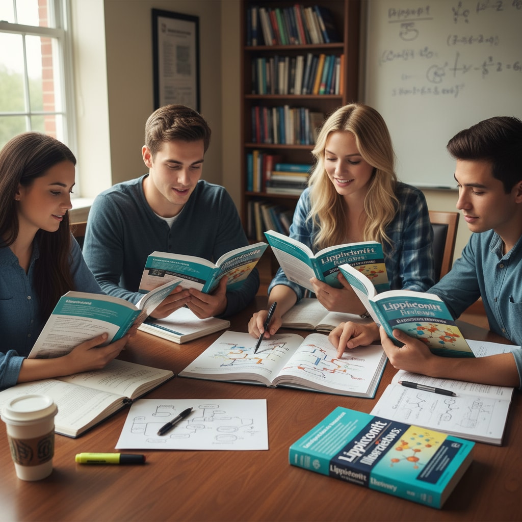 Students studying biochemistry with Lippincott textbooks