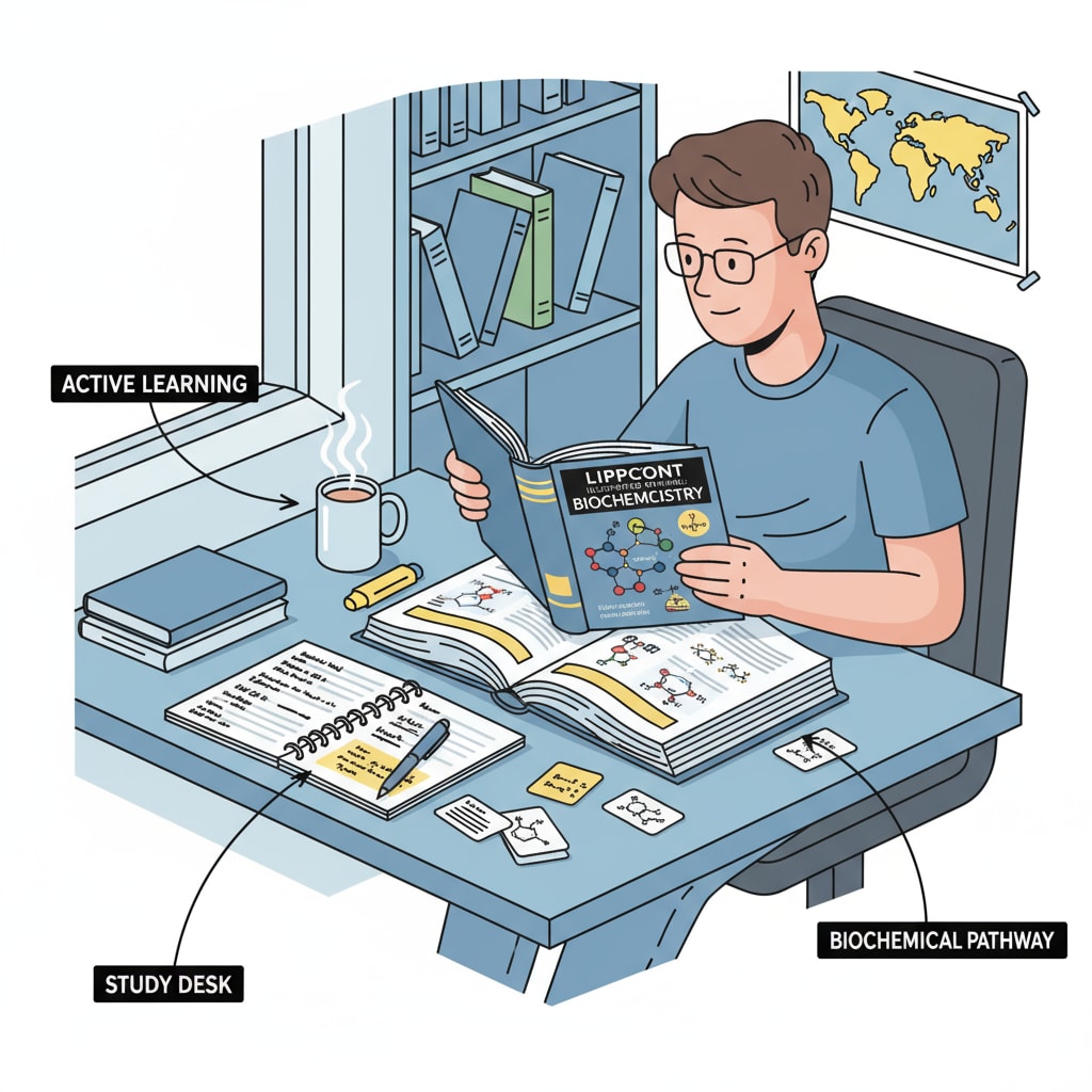 Student reading a Lippincott biochemistry textbook and taking notes