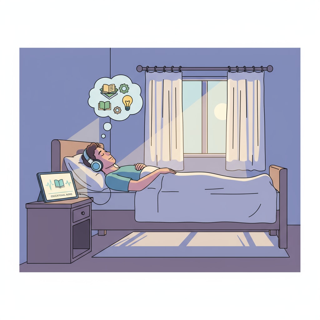 A person sleeping while listening to educational audio for potential sleep learning, related to auditory learning and its impact on learning efficiency