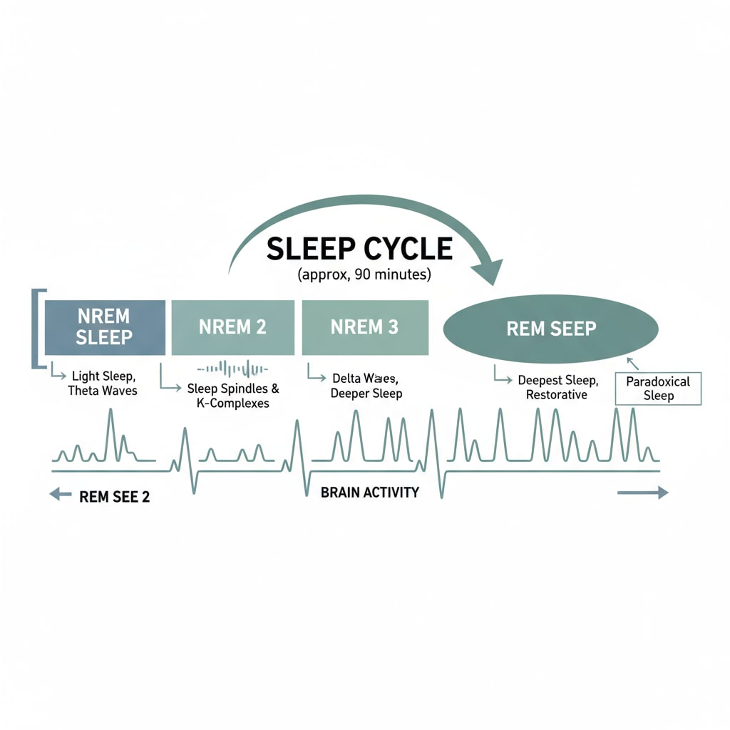 Diagram of sleep stages relevant to understanding how the brain responds to auditory input during sleep, affecting sleep learning and learning efficiency