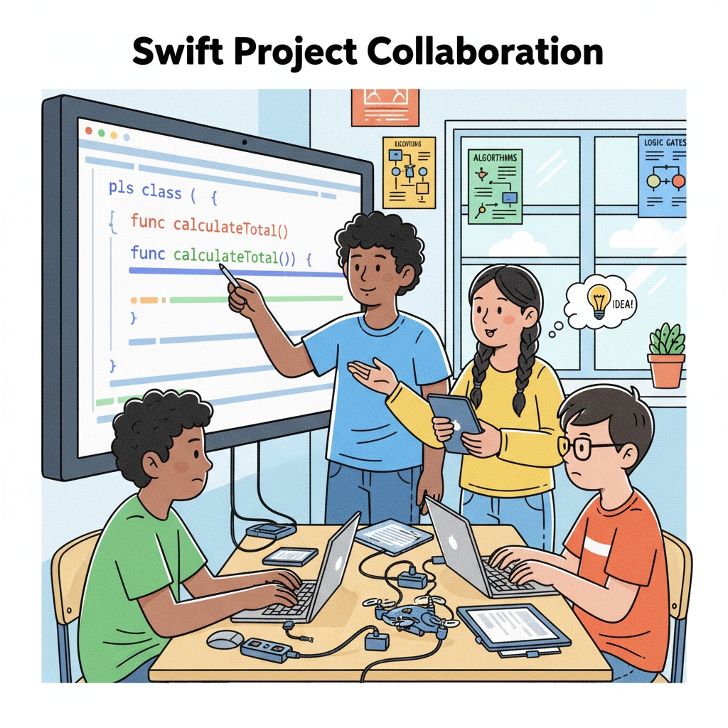 A group of students are collaborating on a Swift programming project, discussing ideas and looking at code on a shared screen. Students collaborating on a Swift programming project related to the Swift Student Challenge and software development for career development