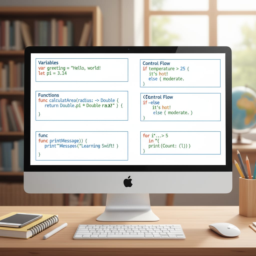 A computer screen shows various Swift code snippets related to variables, functions, and control structures. Swift code snippets for learning programming basics relevant to the Swift Student Challenge and software development career