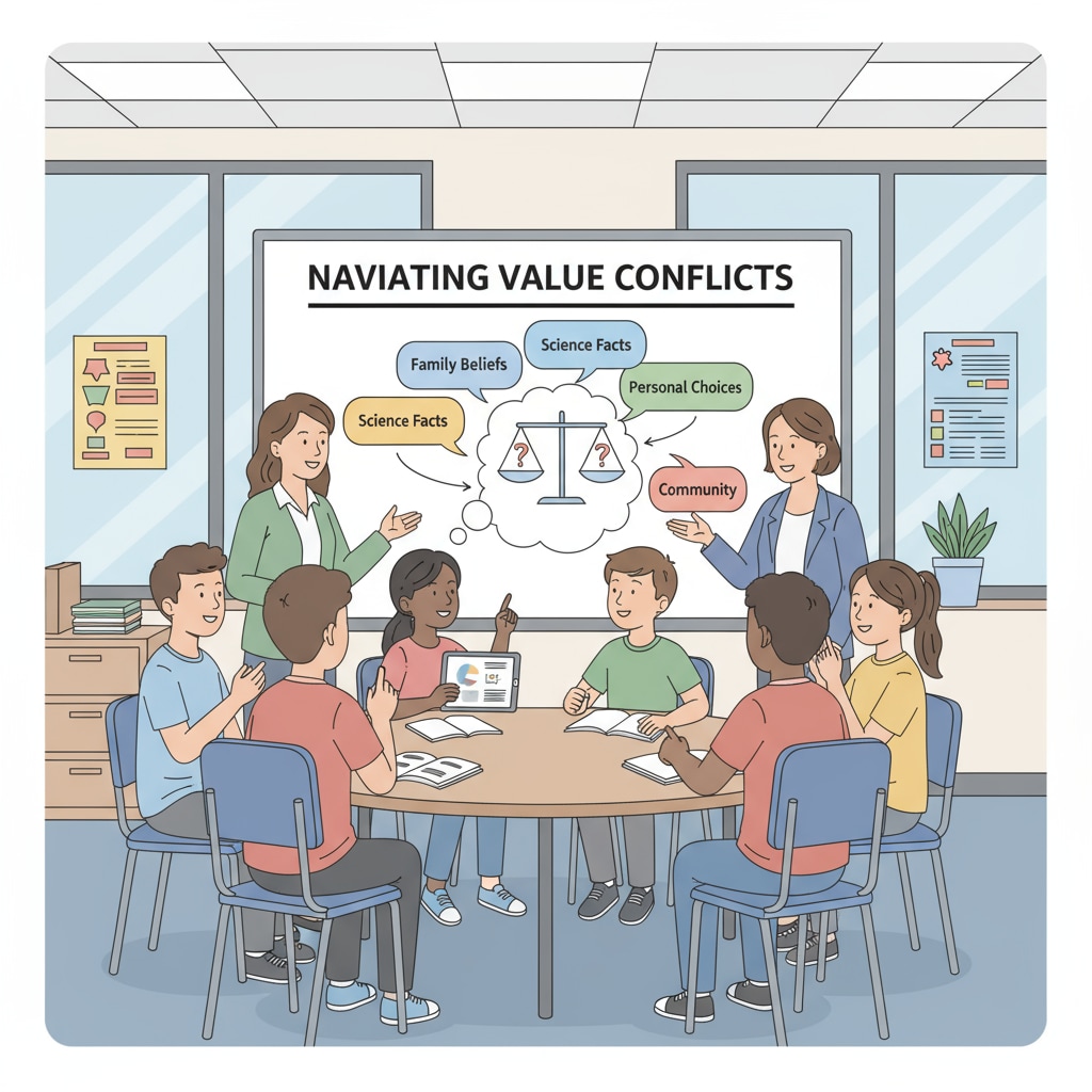 Students from diverse backgrounds discussing, highlighting value conflicts in K12 education