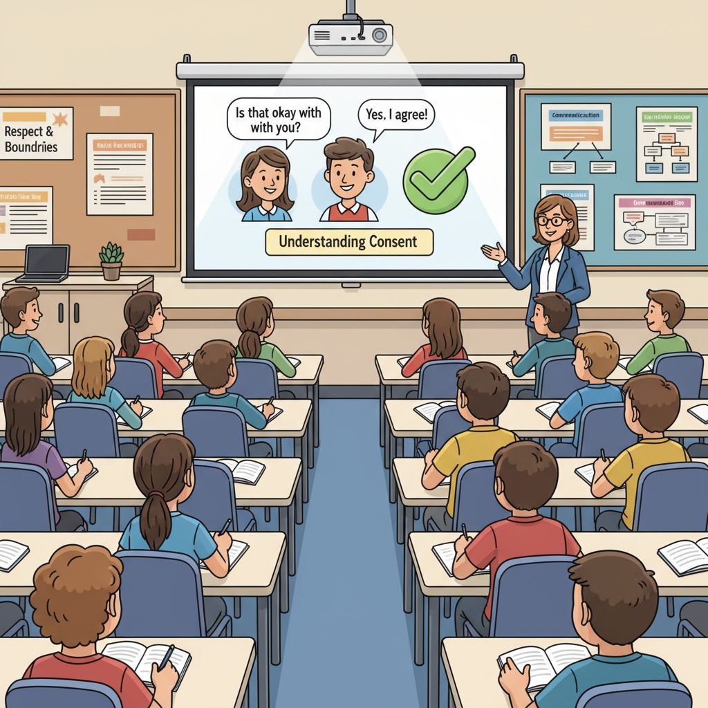 Students learning about consent concept through a movie in a classroom