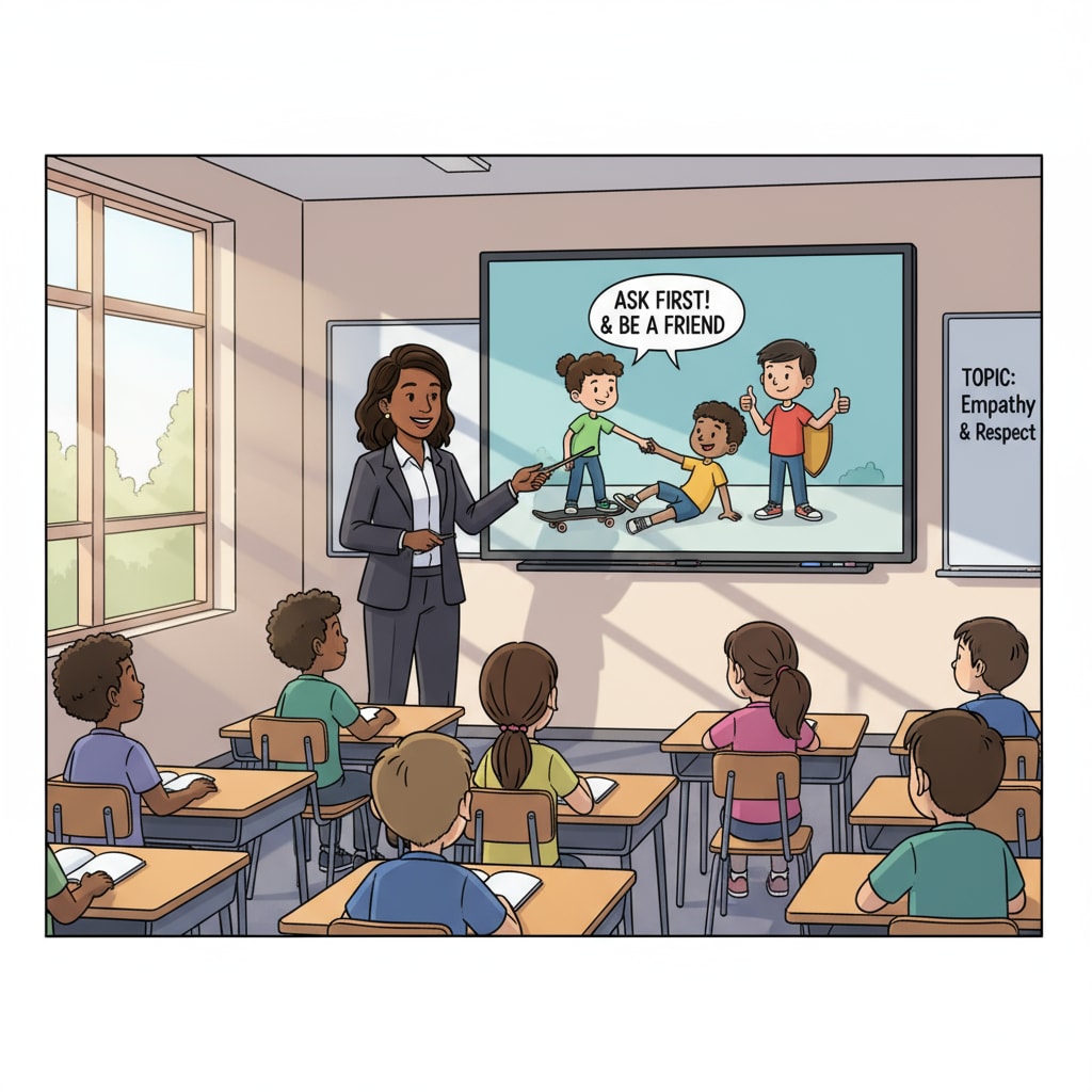 Teacher using a movie scene to teach anti-bullying and consent in a classroom