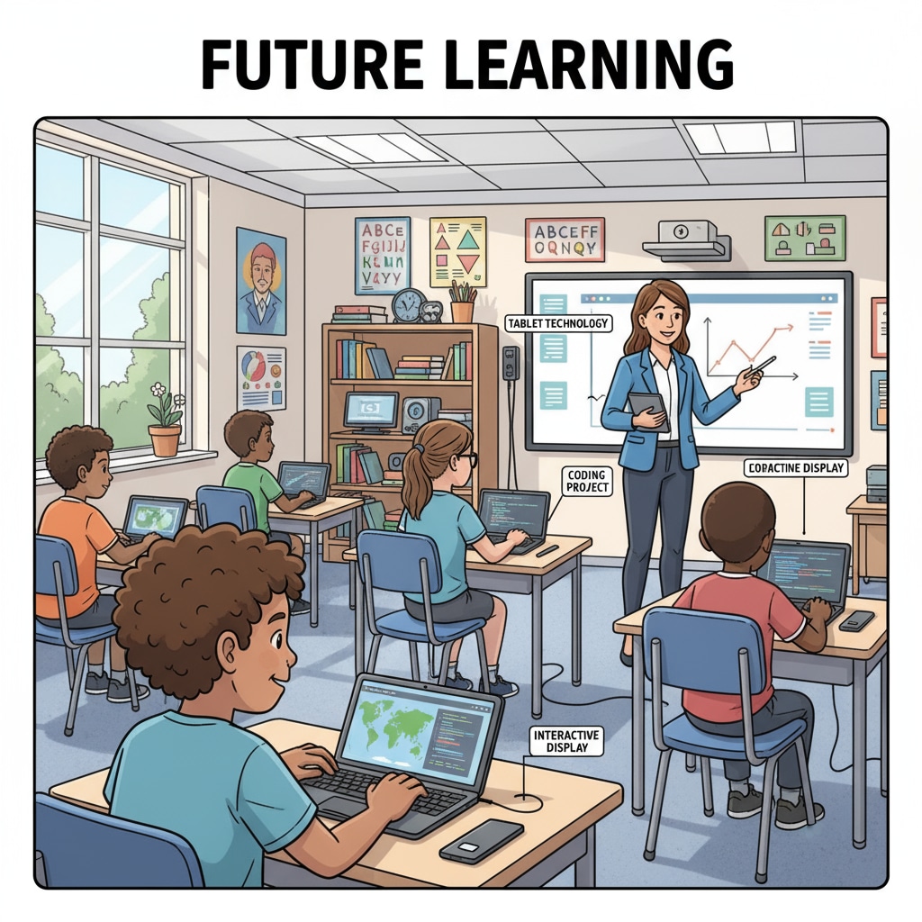 A classroom scene where students are using tablets and laptops, indicating the digital presence in education. Digital devices being used in a classroom for education innovation