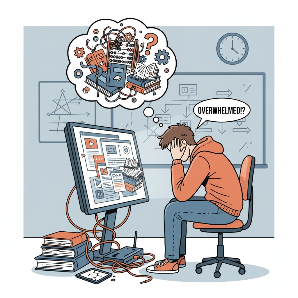 A solitary student looking disheartened while sitting in front of a computer screen, highlighting the inefficiencies of current edtech. A frustrated student using a computer, representing the limitations of educational technology