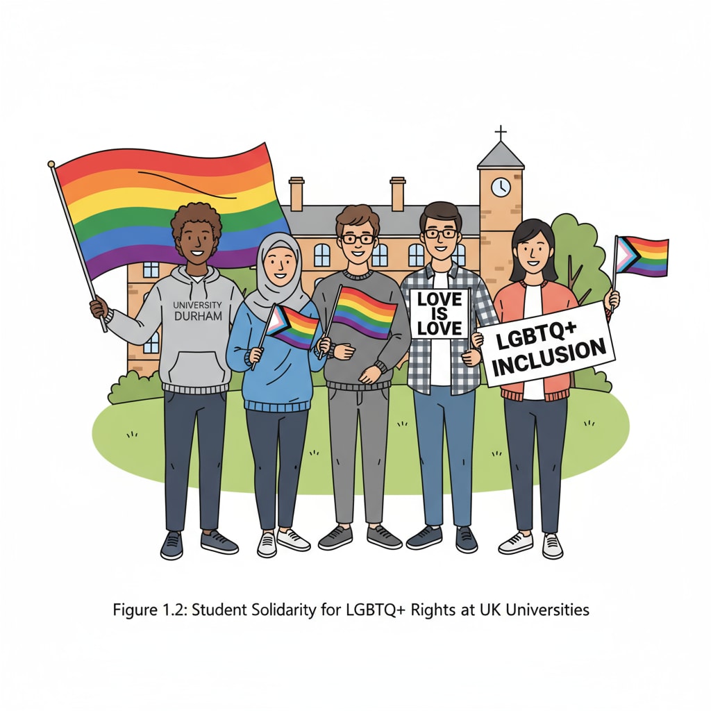 A group of students from a small UK university holding rainbow flags, showing their support for LGBTQ+ inclusion Students from a small UK university showing support for LGBTQ+ inclusion