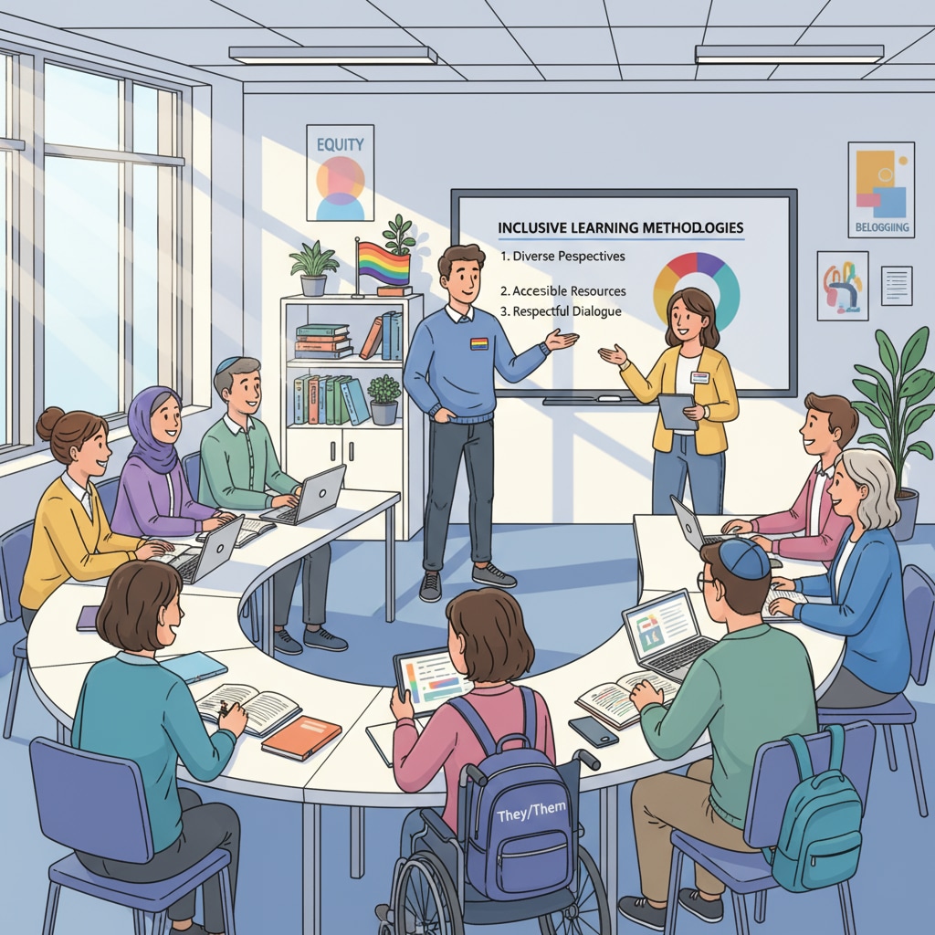 A classroom setting in a UK university with students of diverse genders and sexual orientations, promoting an inclusive learning environment Inclusive classroom environment in a UK university for LGBTQ+ students