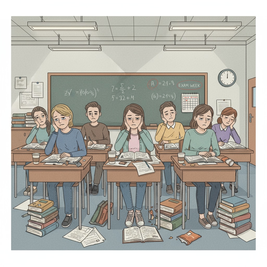 Students experiencing school stress while studying in a classroom