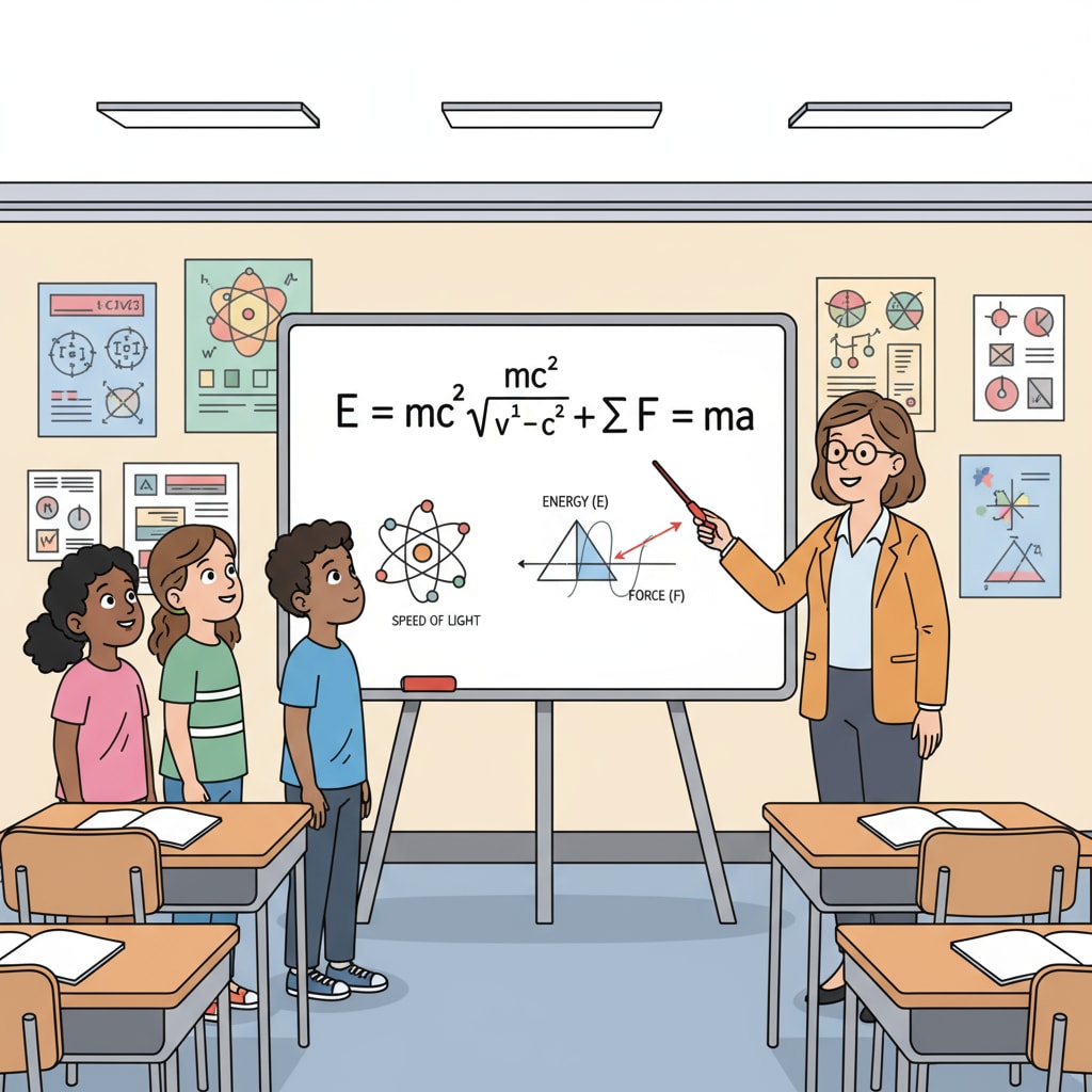Students looking at Western science symbols in a physics class