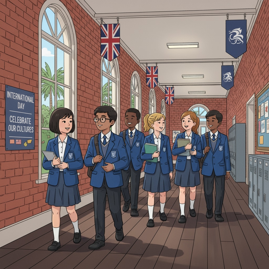 Students of various ethnicities in a British school in Asia, highlighting racial diversity and potential discrimination issues.