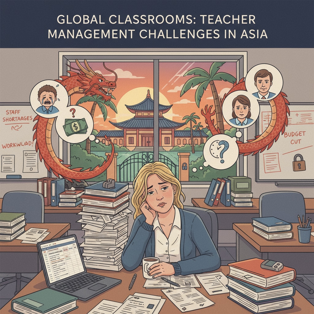 A stressed teacher in a British school in Asia, depicting the issues related to teacher rights and management.