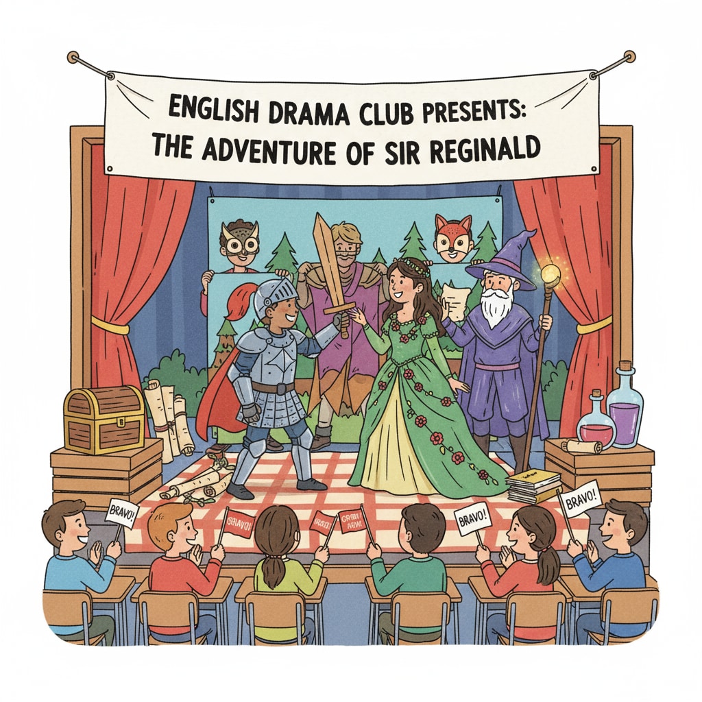 Students are performing an English drama on a makeshift stage in the classroom, with colorful costumes and props, showing their dedication to the performance. English class creative activity of drama performance creating unforgettable memories