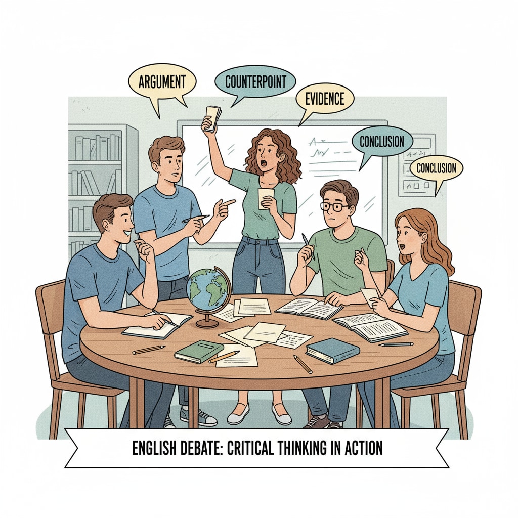 A group of students are sitting around a table, engaged in a heated English debate. Some are holding note cards, and their expressions show active participation. English class creative activity of debate competition leaving lasting memories