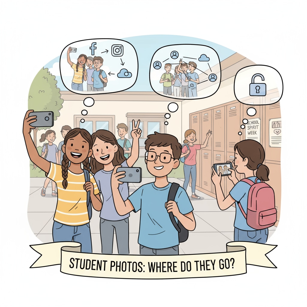 A scene of students taking pictures at school, which visually represents the starting point of potential privacy issues related to student photos. Students taking pictures at school, highlighting student privacy, facial recognition, and digital footprints concerns