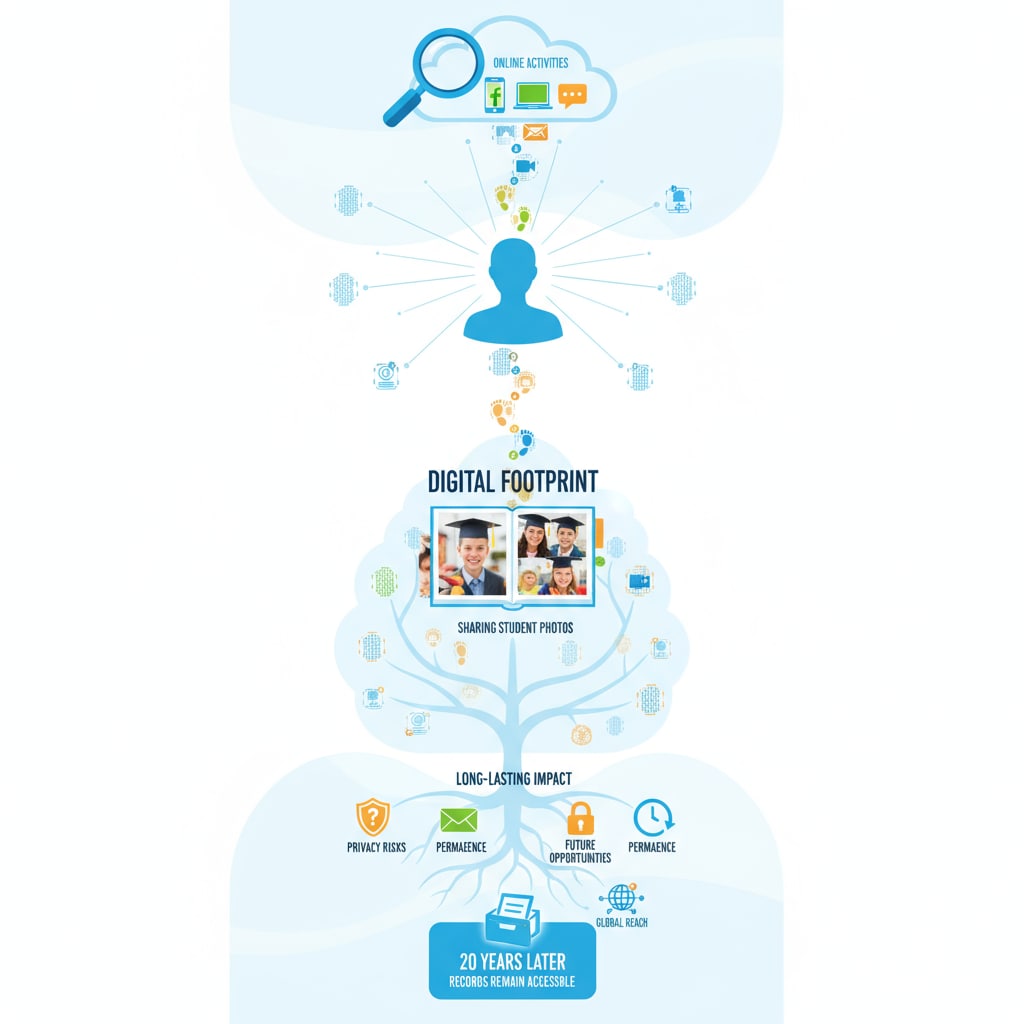 A graphic showing digital footprints left by online activities, emphasizing the long-lasting impact of sharing student photos. Digital footprints left by students' online activities, related to student privacy, facial recognition, and digital footprints