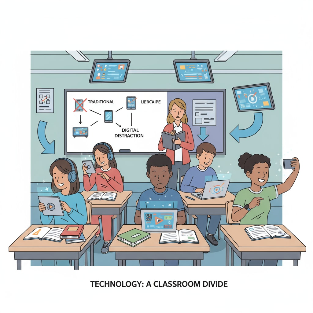 A classroom scene depicting the impact of technology on students' reading focus in school