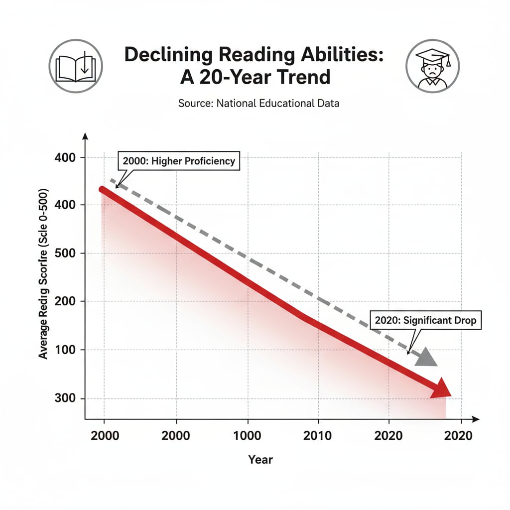 A graph demonstrating the decline in reading scores related to school education and technology impact