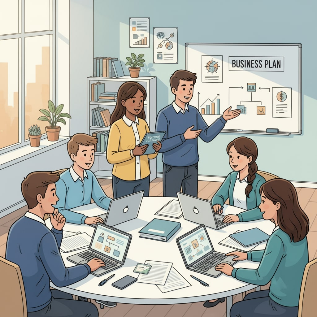 Business students without math background discussing higher education and career planning in a classroom