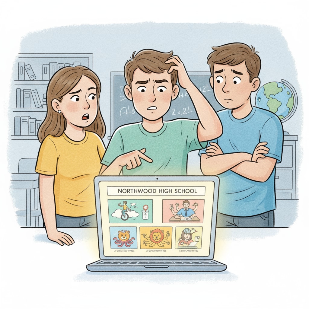 Students confused by AI-generated images on a high school website, related to educational ethics