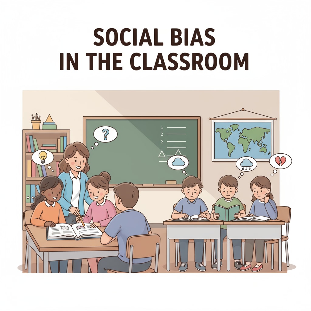 A classroom scene where a teacher is interacting with students, but some students seem to be left out, potentially due to bias. A classroom scene depicting possible teacher bias and student labeling