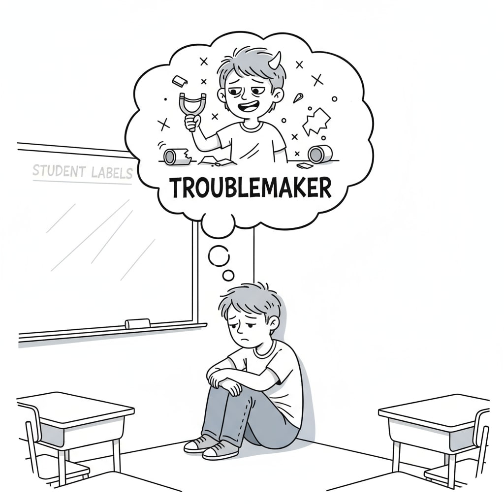 A sad student sitting alone in a corner with a thought bubble indicating self-perception as a troublemaker, related to student labeling. A student affected by student labeling