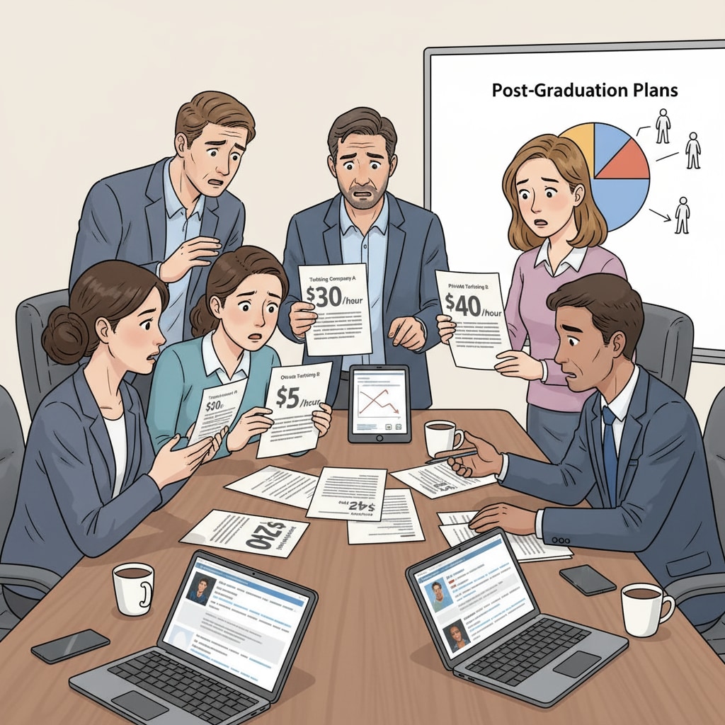 University graduates discussing low salary job offers from tutoring companies