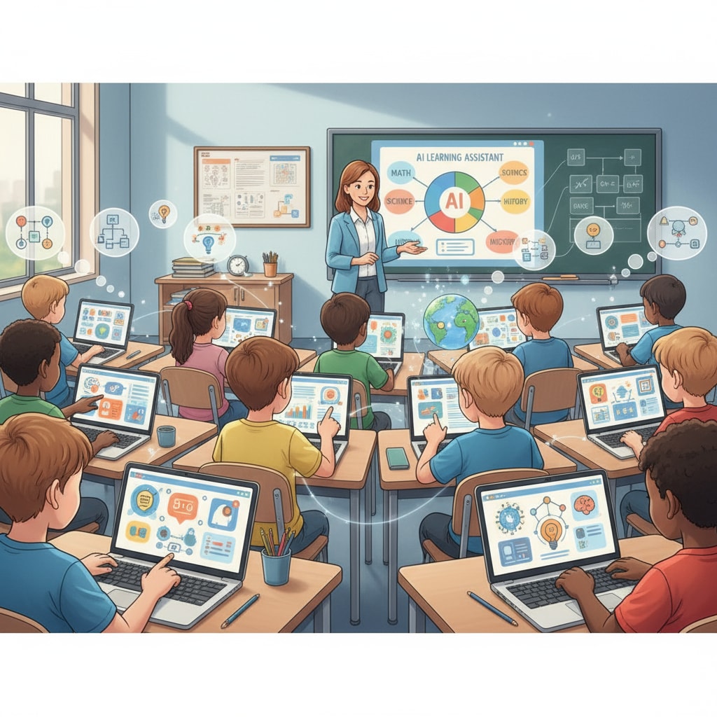 Students using AI tools in a classroom for AI-assisted teaching, with implications for grade inflation and educational assessment