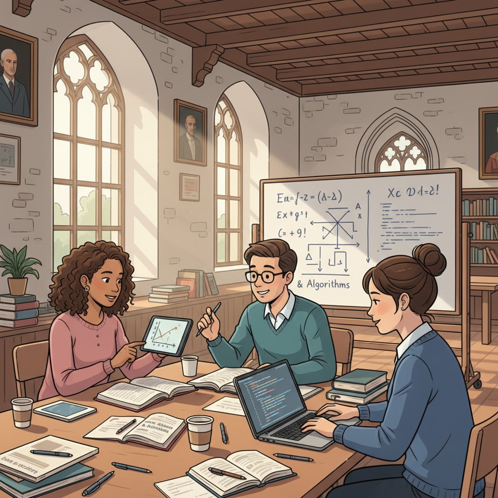 A group of students are engaged in a discussion about math and programming concepts in a European university classroom. There are textbooks and laptops on the desks. Students with math and programming talent discussing in a European university classroom