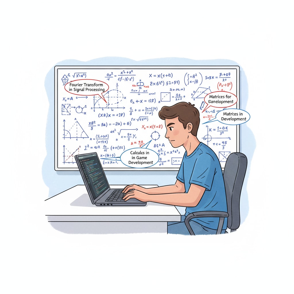 A student is focused on a coding project. There are math formulas scribbled on the whiteboard behind, indicating the connection between math and programming. A student working on a coding project related to math and programming in a European study abroad context