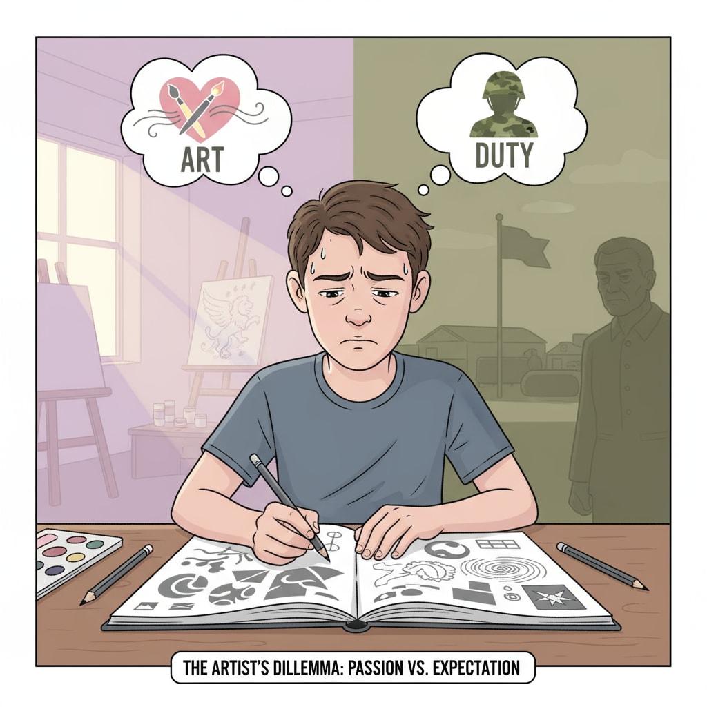 Alex expressing his passion for art while under pressure from father-son conflicts and military pressures