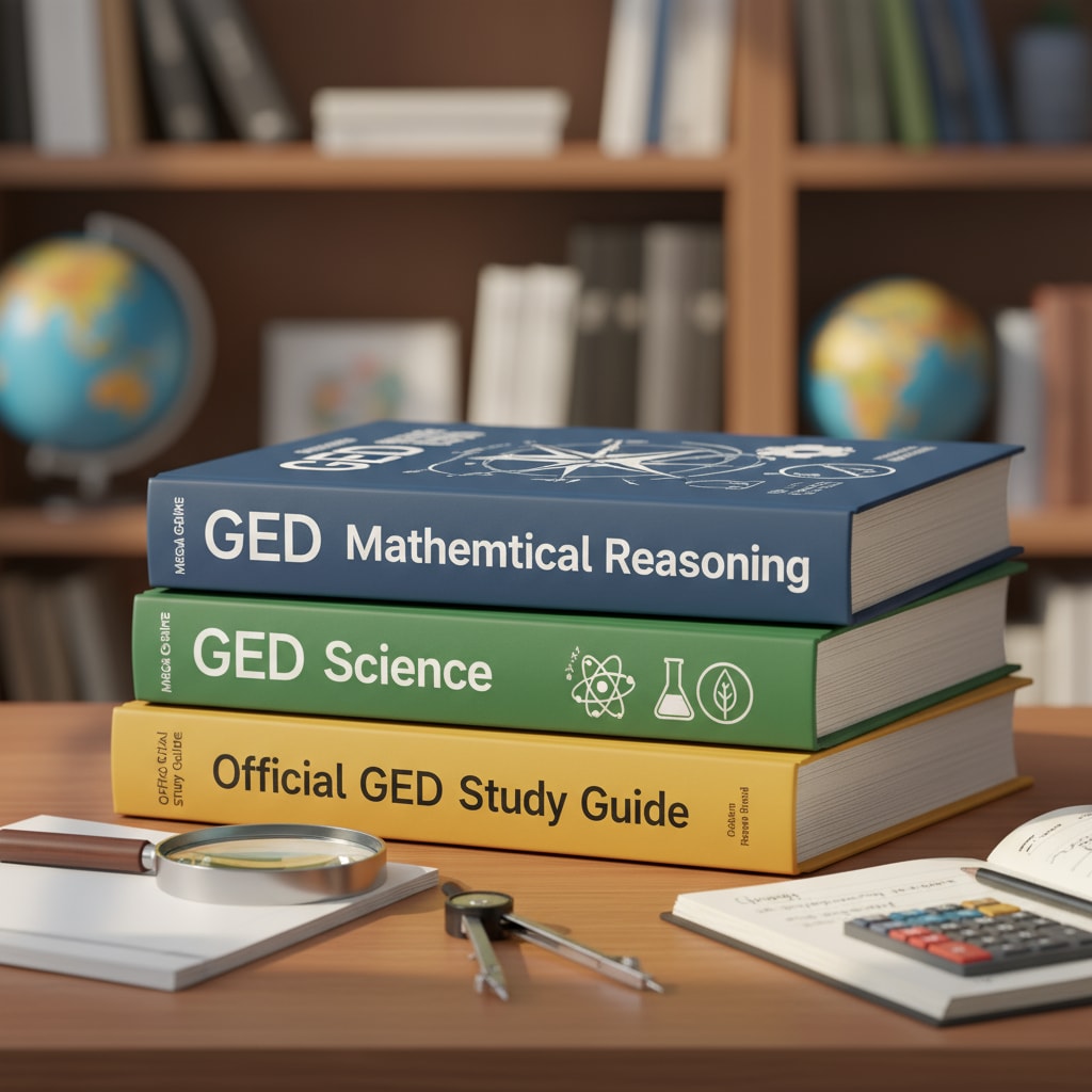 Stack of GED math and science textbooks