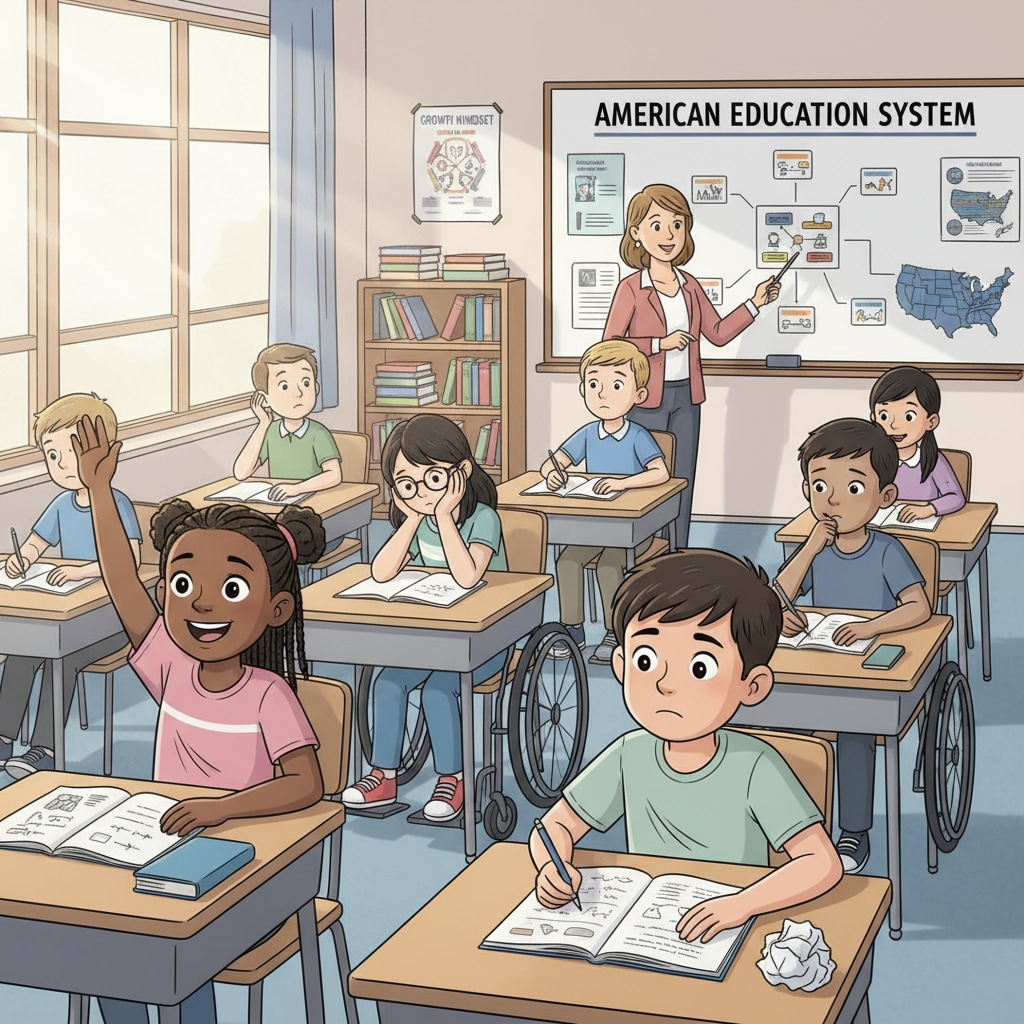Students sitting in a classroom with different expressions, symbolizing the diverse experiences within the American education system. American education system - diverse student experiences in the classroom highlighting social stratification and school function doubts.