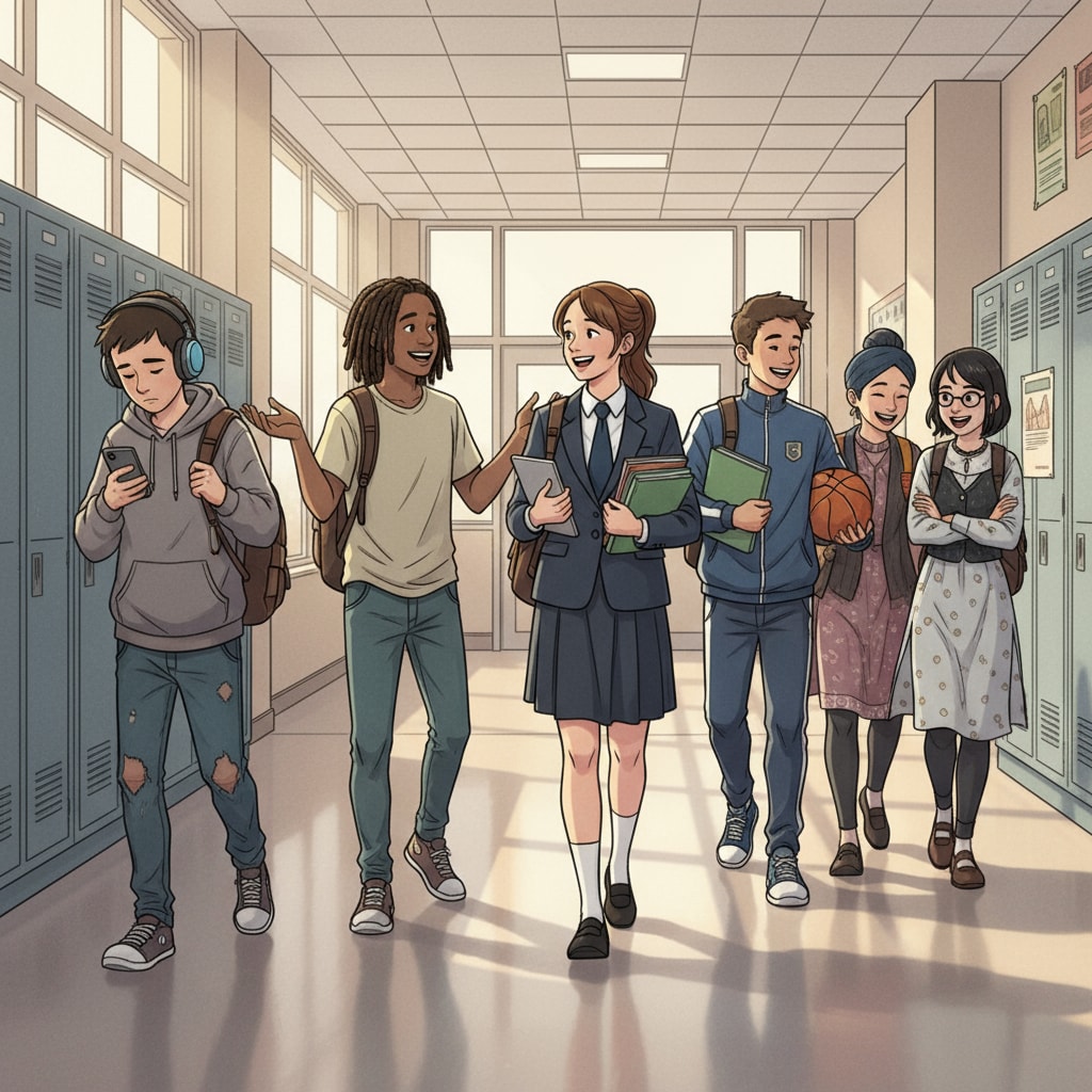 A group of students from different social backgrounds walking in a school corridor, highlighting the differences in their appearance and body language. American education system - students from various social backgrounds in a school corridor, showing signs of social stratification and raising doubts about school functions.