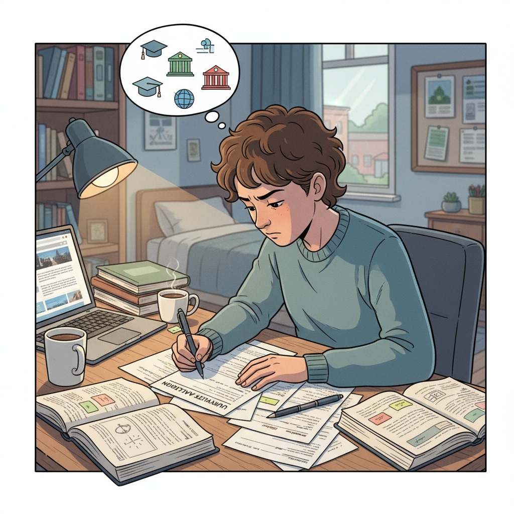 A student is sitting at a desk, surrounded by books and papers, intently looking at university application forms and documents, showing the concentration during the application process. A student focusing on university application materials related to university applications, scholarships, and extracurricular activities