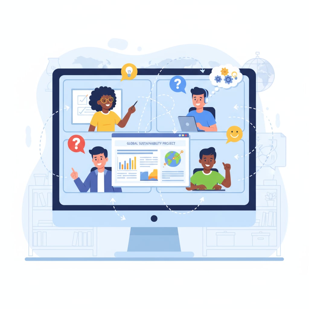 Multiple students are collaborating through video conferencing, sharing ideas and working on a project together, representing online engagement. Students collaborating online in relation to university applications, scholarships, and extracurricular activities