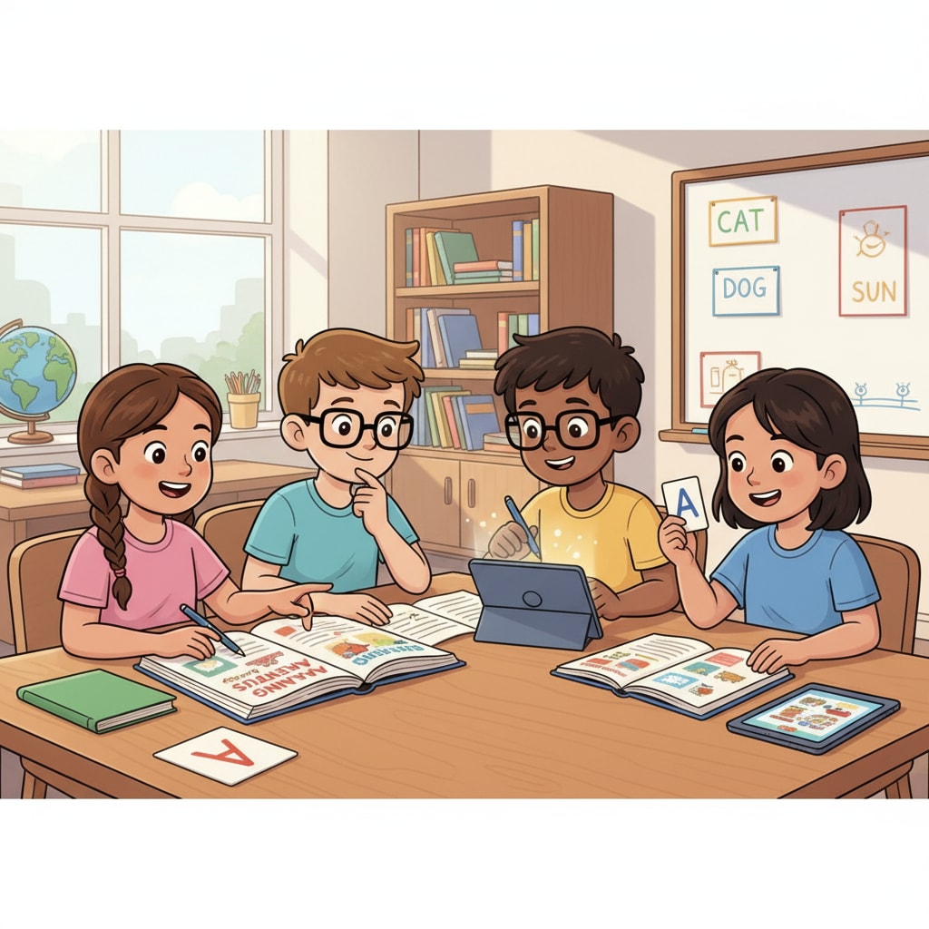 A group of teenagers sitting around a table, looking interested in learning basic reading materials. Teenagers engaged in learning basic literacy in a positive environment.