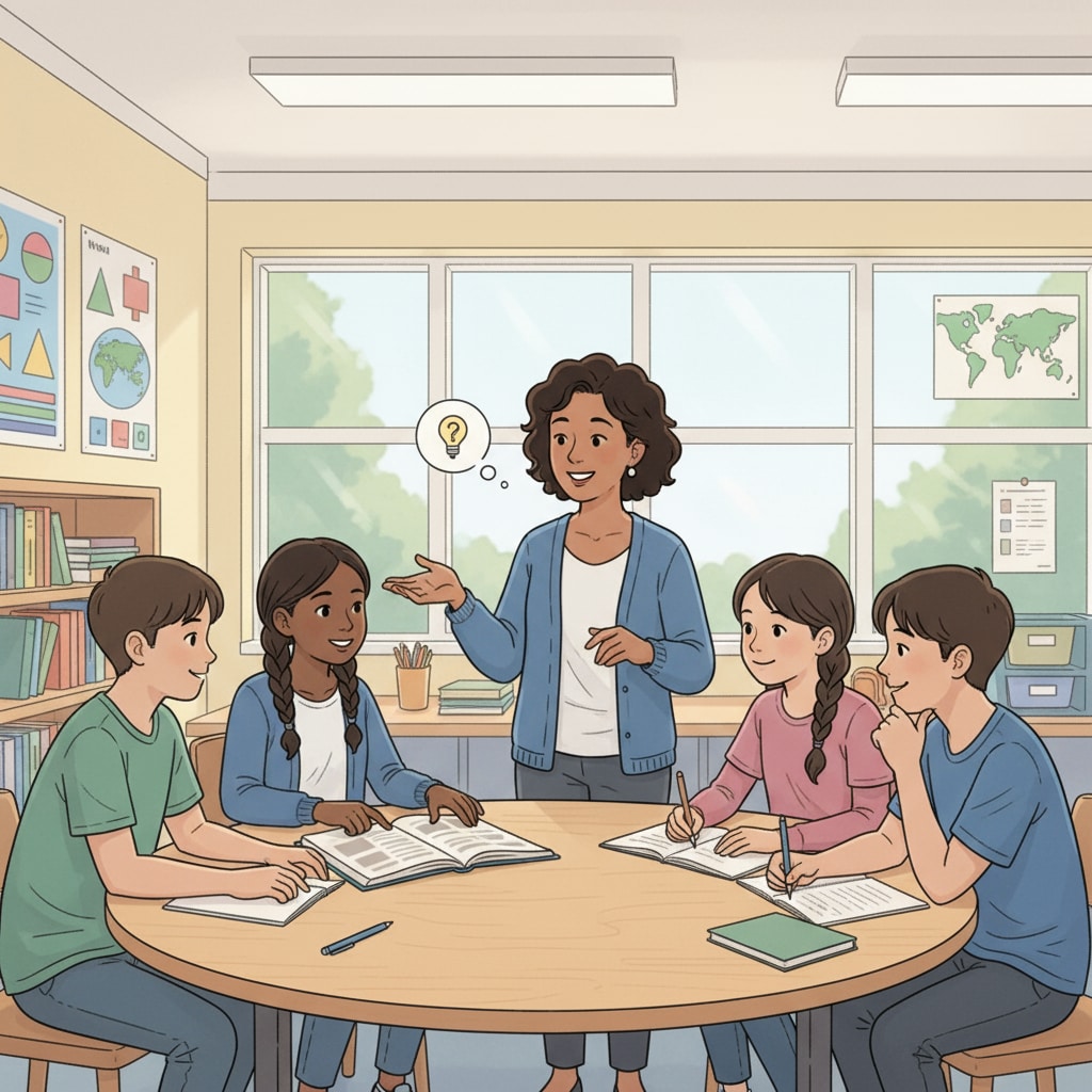 A teacher interacting with a group of adolescents in a friendly classroom setting. A teacher facilitating learning of basic literacy for adolescents.