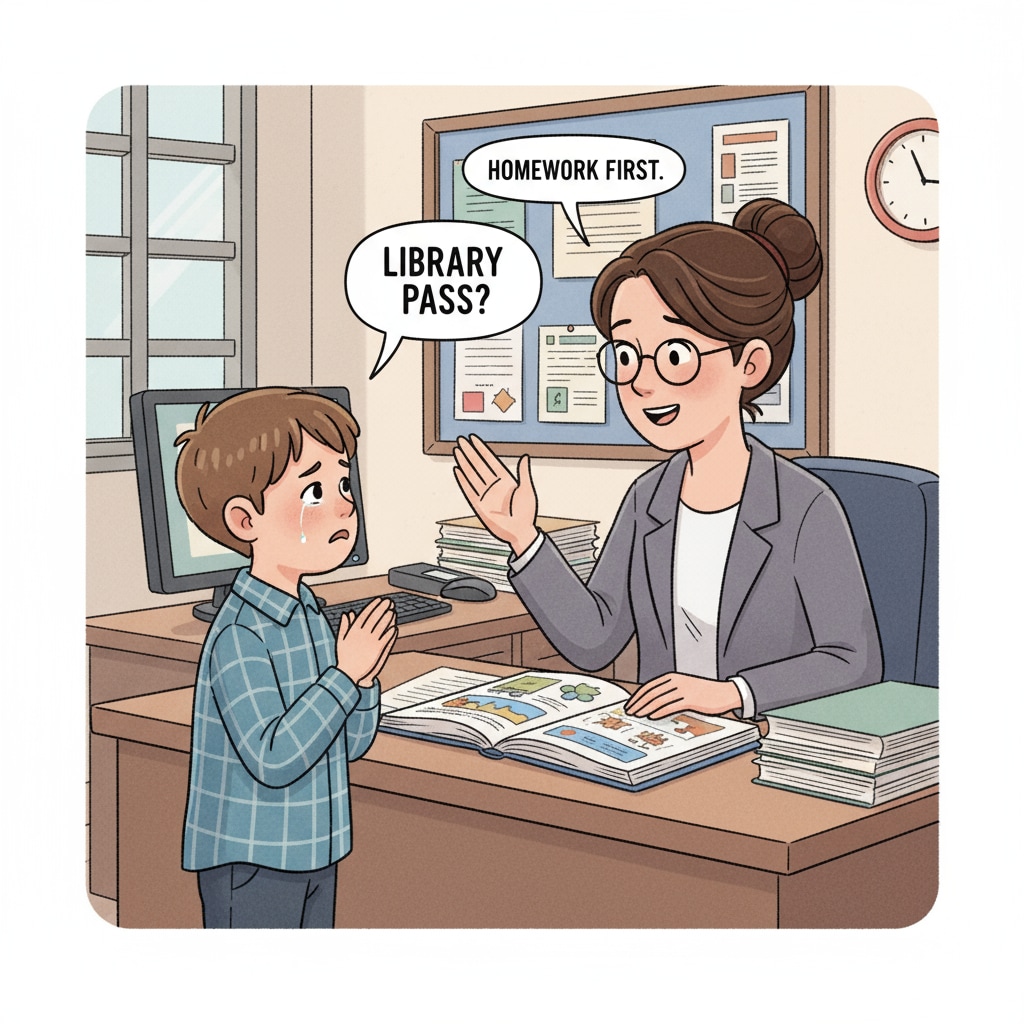 A child asking an adult for something in a school office related to workplace family relationships, child behavior management, and professional boundaries