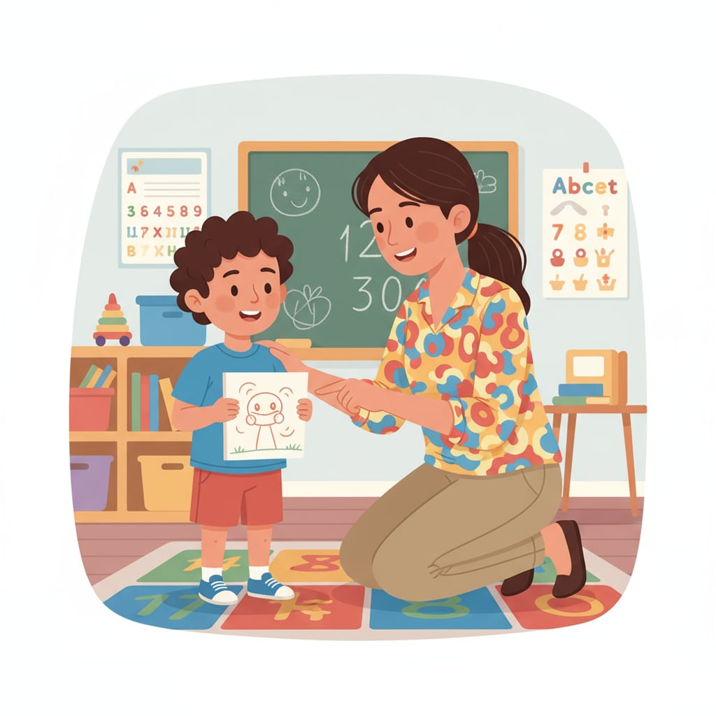 A teacher communicating with a child in a friendly way regarding workplace family relationships, child behavior management, and professional boundaries