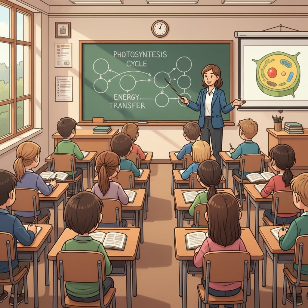 A group of students are sitting in rows, looking intently at the teacher who is standing in front of the blackboard, explaining a concept during a lecture. The classroom is neatly arranged with desks and chairs. Students attentively listening to a lecture in a structured classroom environment related to lectures, attention, and self-study