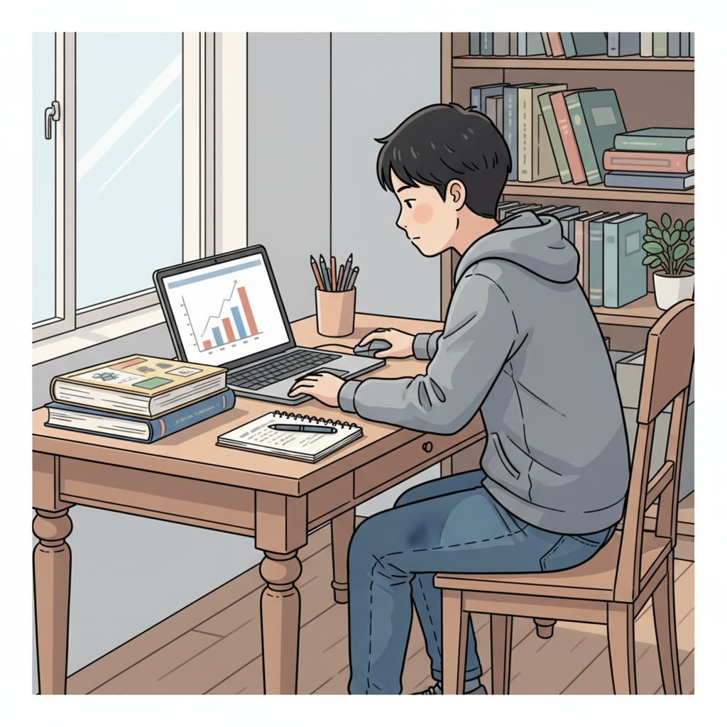 A young student is sitting at a wooden desk in a quiet room. There are textbooks, notebooks, and a laptop open in front of the student. The student is deeply focused on studying independently. A student engaged in self-study, emphasizing the aspect of lectures, attention, and self-study